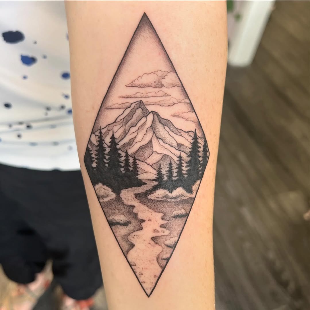 Stunning mountain scene in a diamond shape Tattoo Design