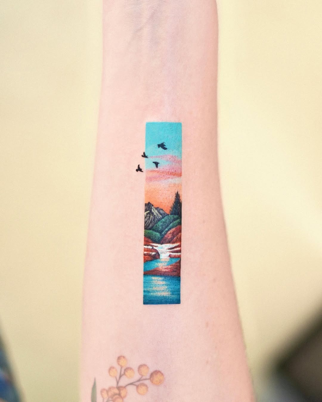 Stunning scenic mountain tattoo with birds flying Tattoo Design