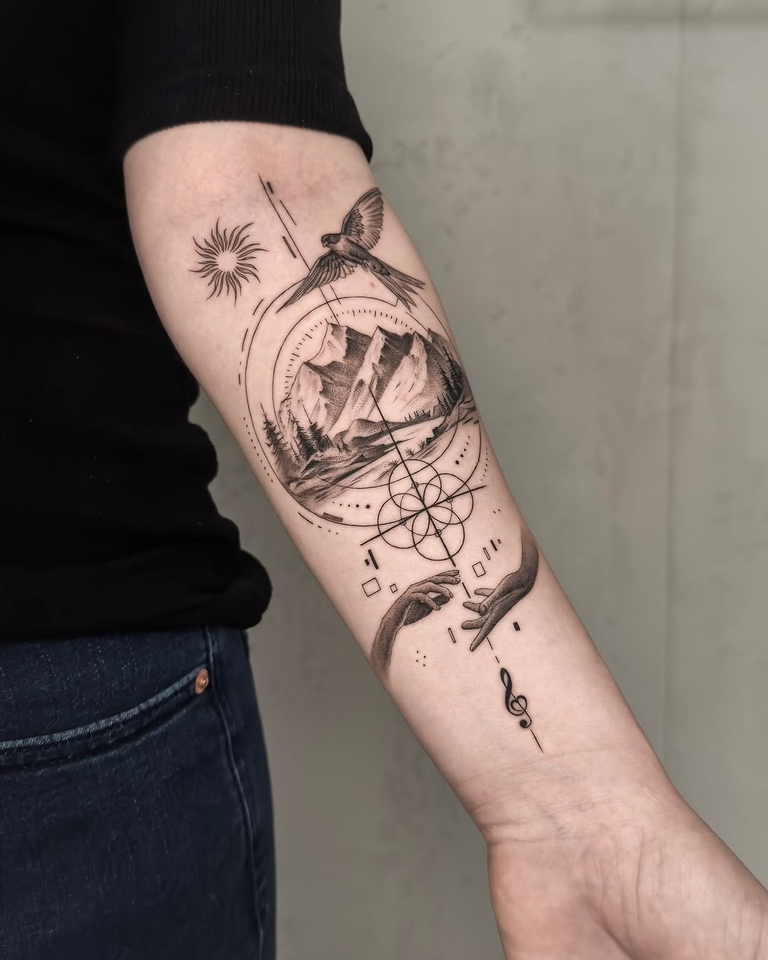 Stylish mountain tattoo with celestial elements Tattoo Design
