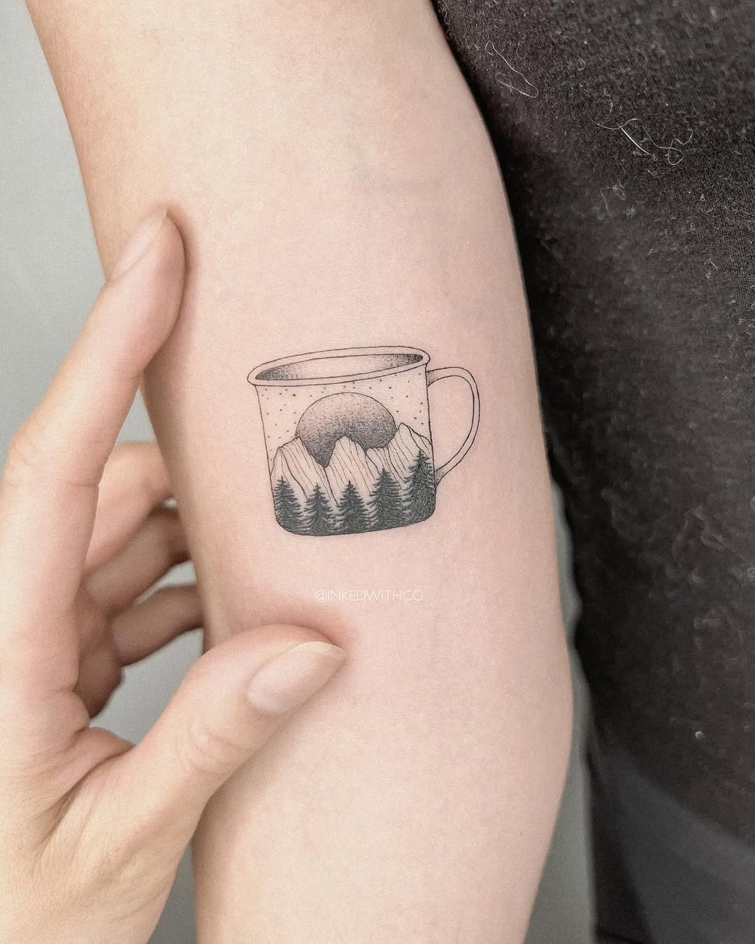 Whimsical mountain tattoo in a coffee cup Tattoo Design