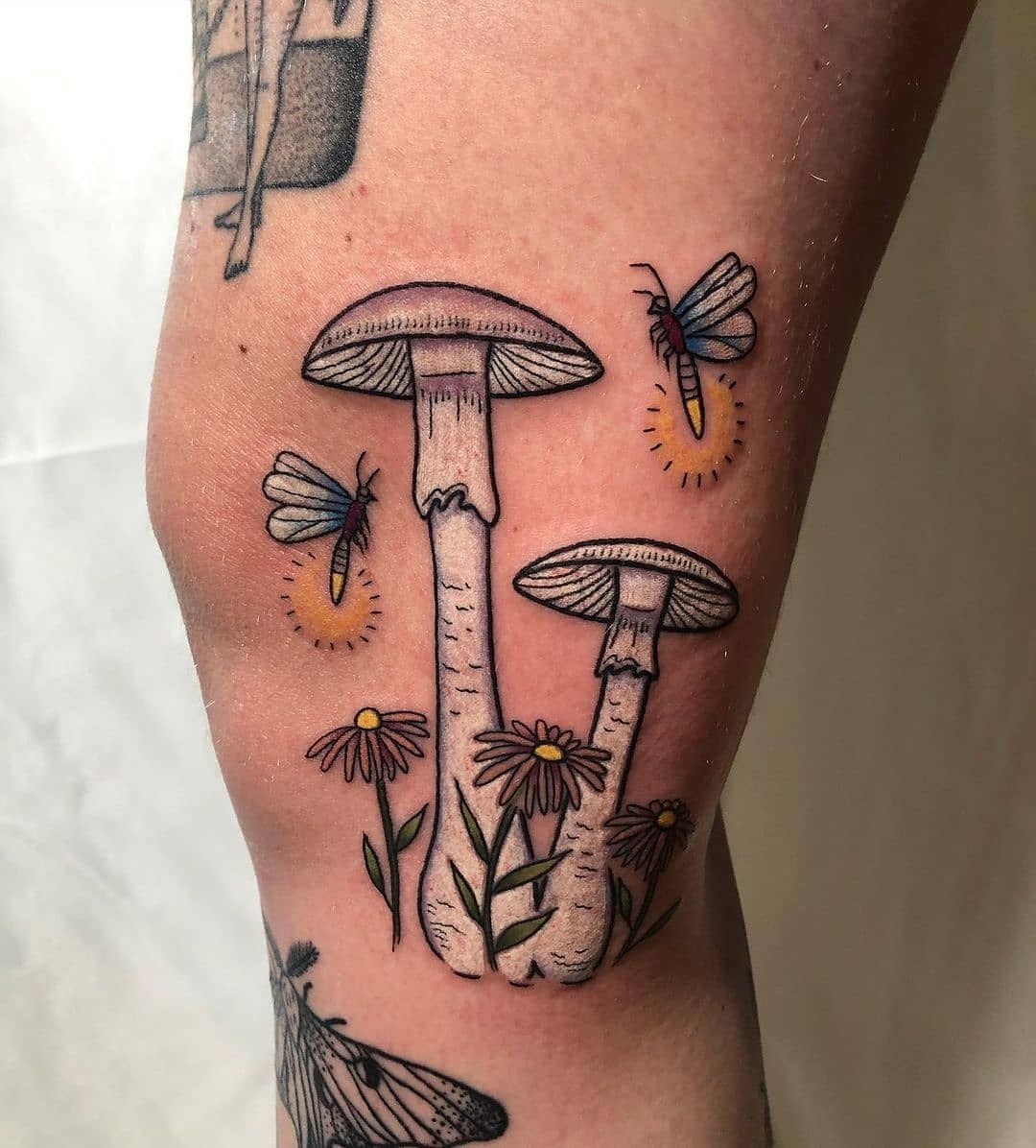 Angel’s Destroyer Mushroom Tattoo with Fireflies Tattoo Design