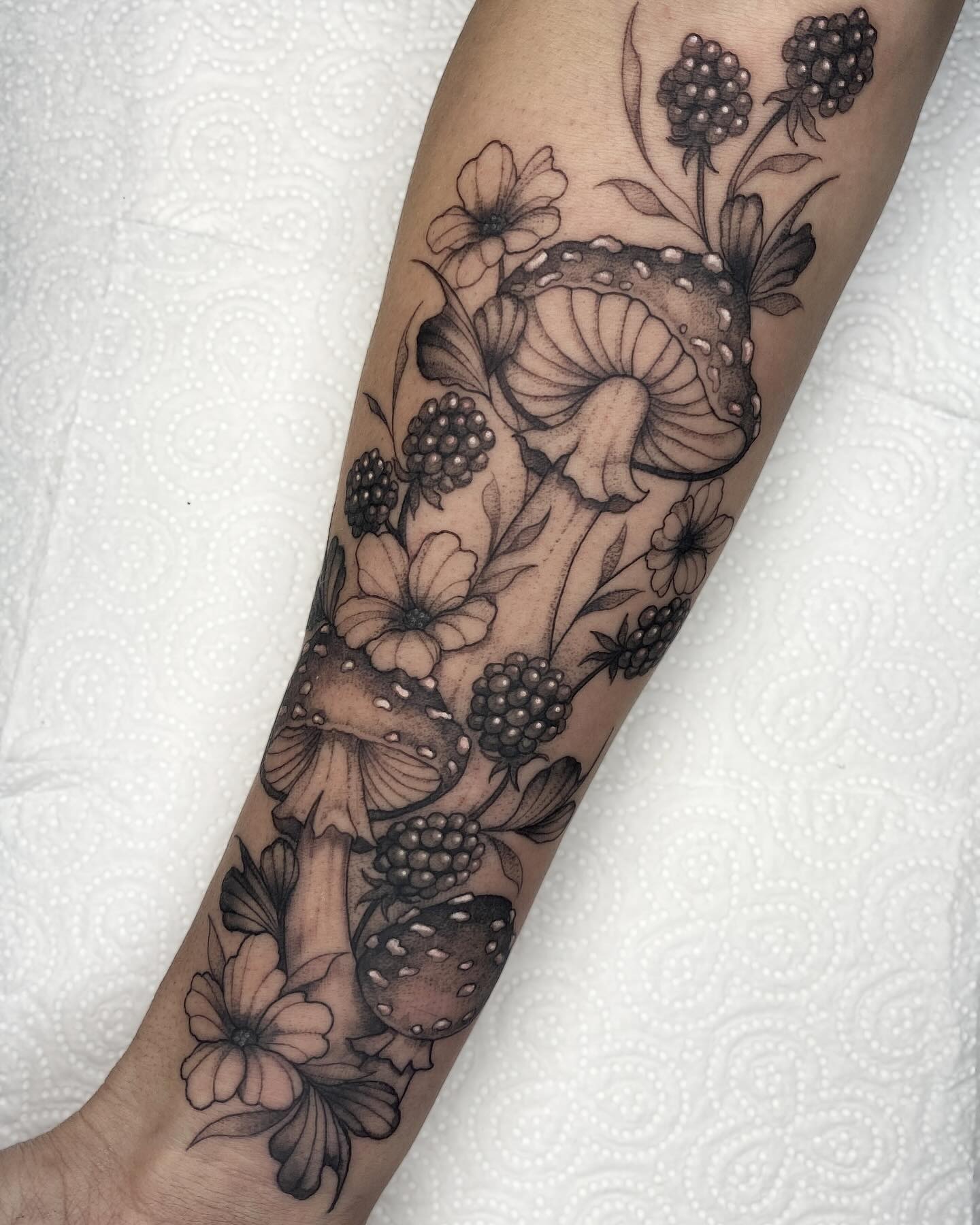 Black and Grey Mushroom and Blackberry Tattoo Tattoo Design