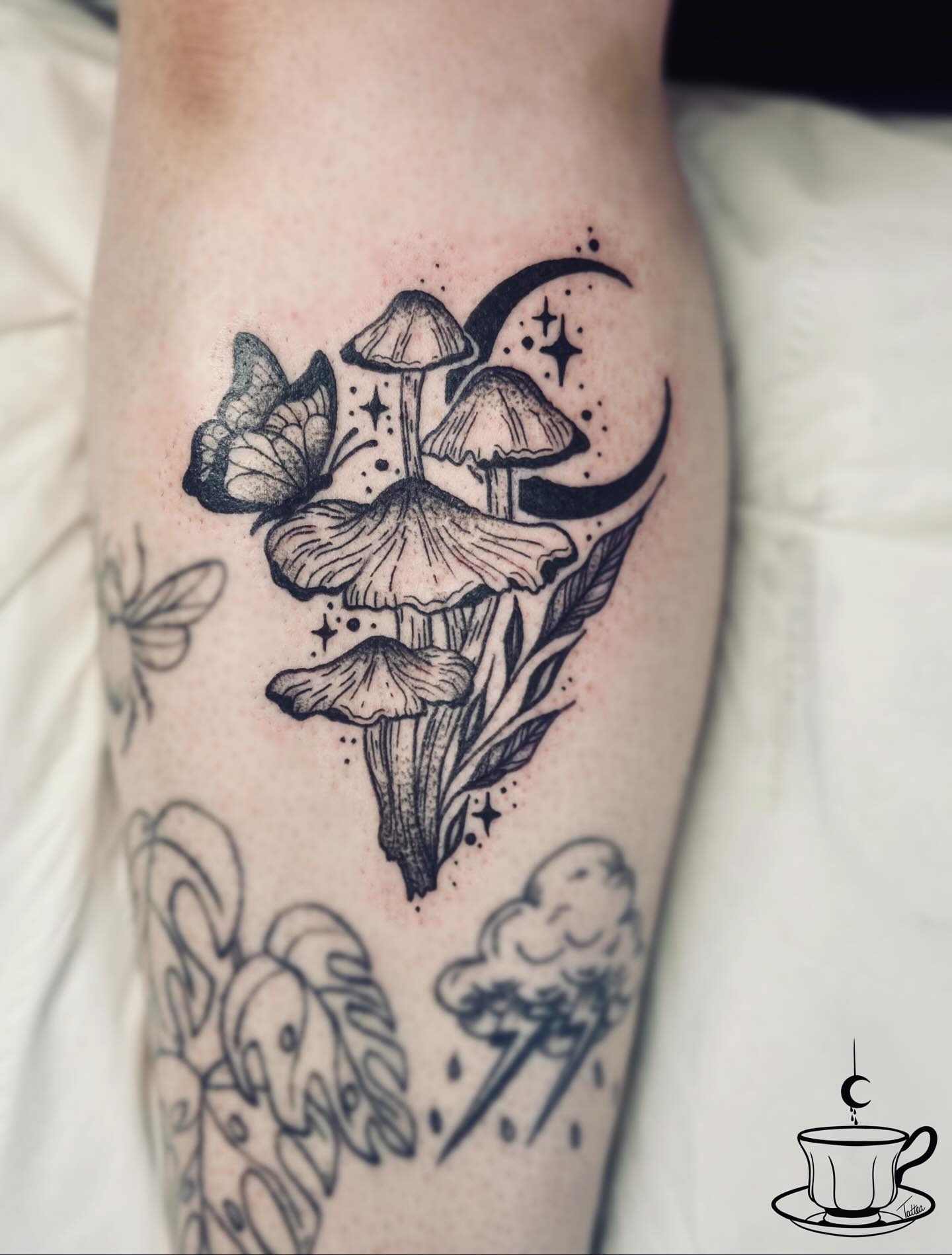 Butterfly and Crescent Moon Mushroom Tattoo Tattoo Design