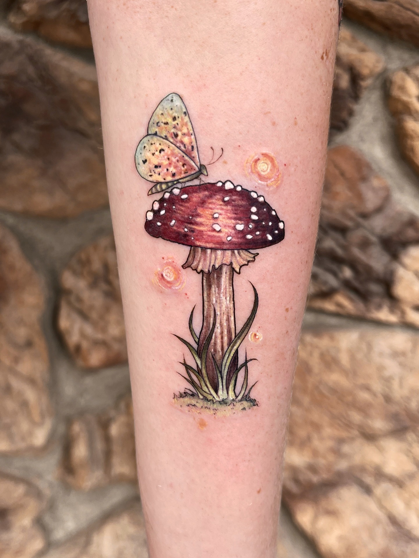 Butterfly and Mushroom Tattoo with Soft Watercolor Details Tattoo Design