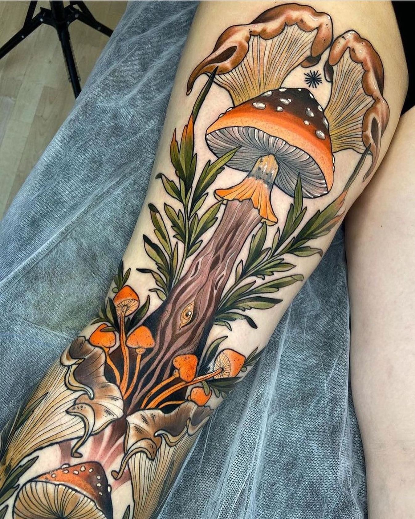 Colorful Forest Mushroom Tattoo with Nature Elements Tattoo Design