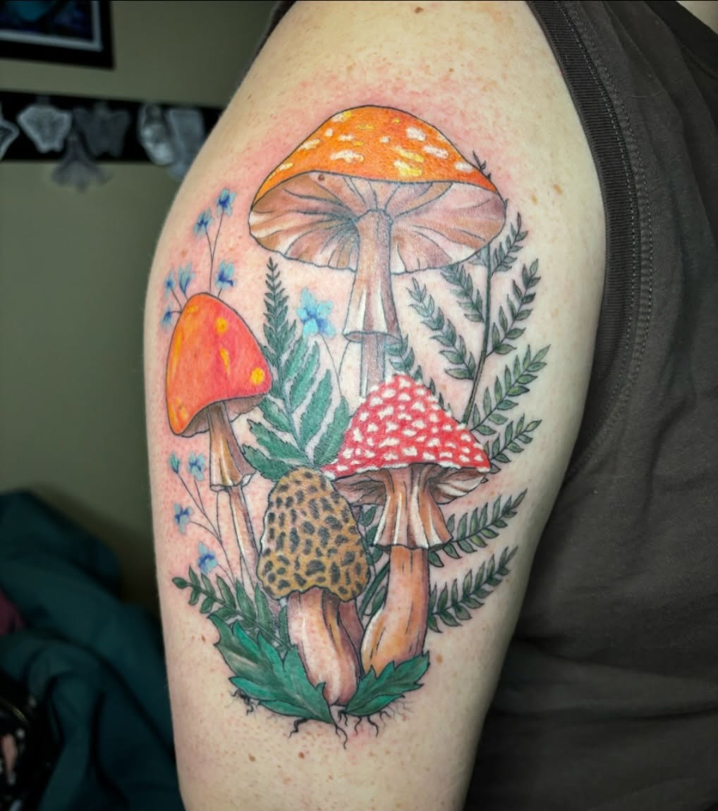 Colorful Mushroom Tattoo with Ferns and Wildflowers Tattoo Design