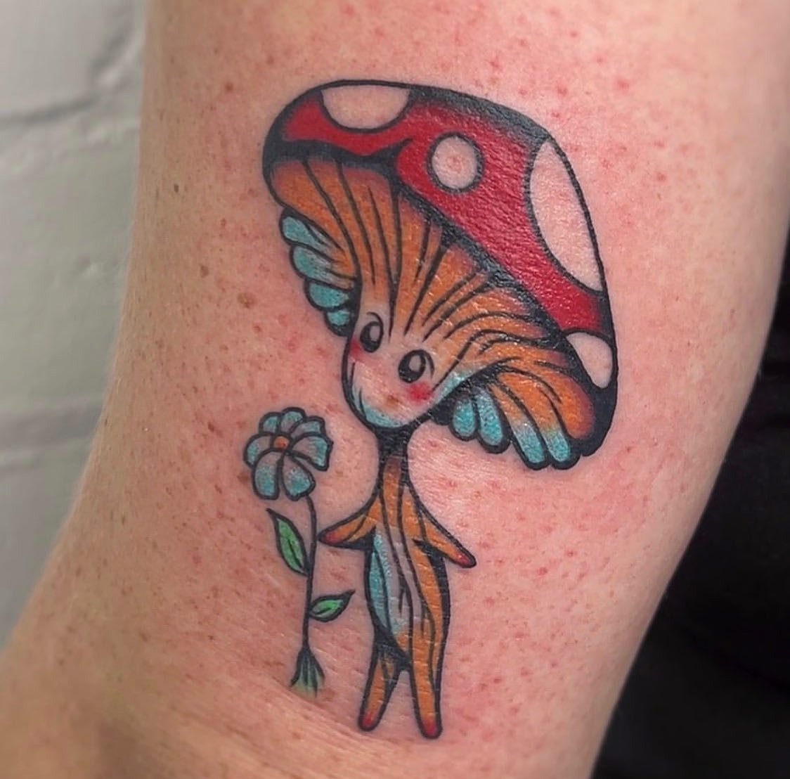 Cute Mushroom Character Tattoo with Flower Tattoo Design