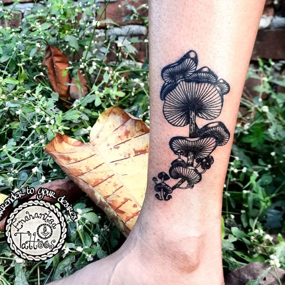 Delicate Black Ink Mushroom Tattoo on the Leg Tattoo Design
