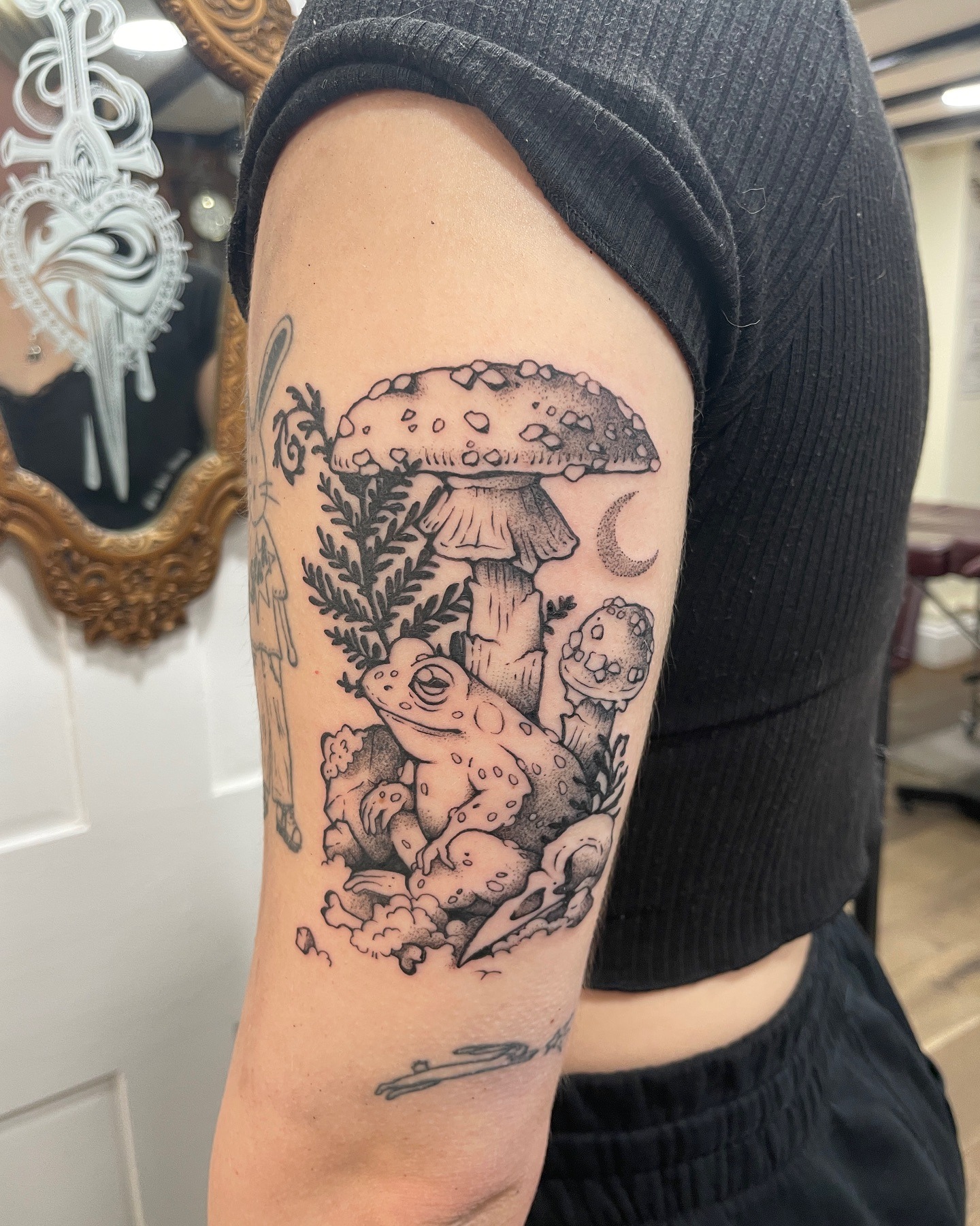 Frog and Mushroom Tattoo with Forest Details Tattoo Design