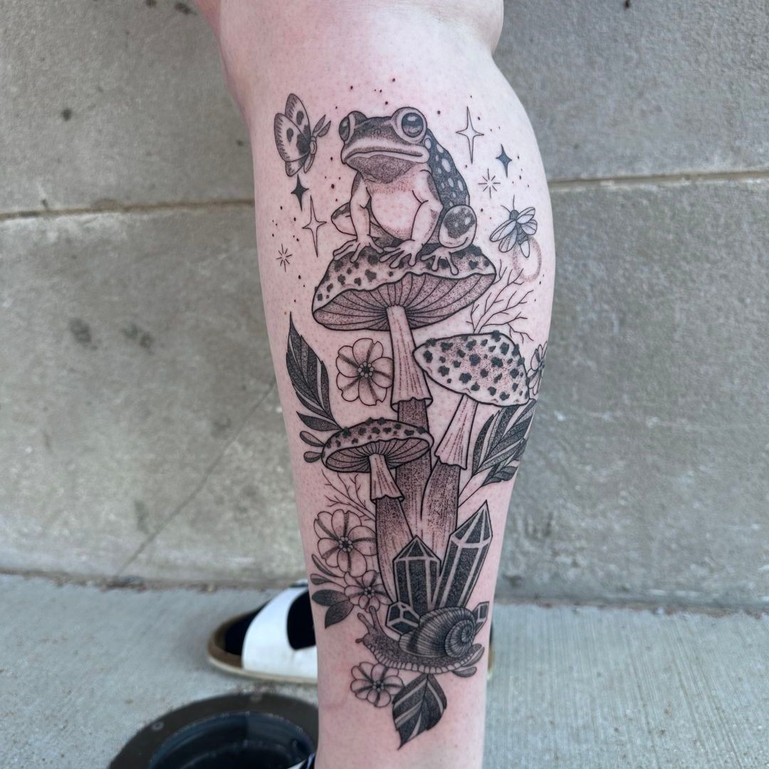 Frog, Crystals, and Mushroom Tattoo Tattoo Design