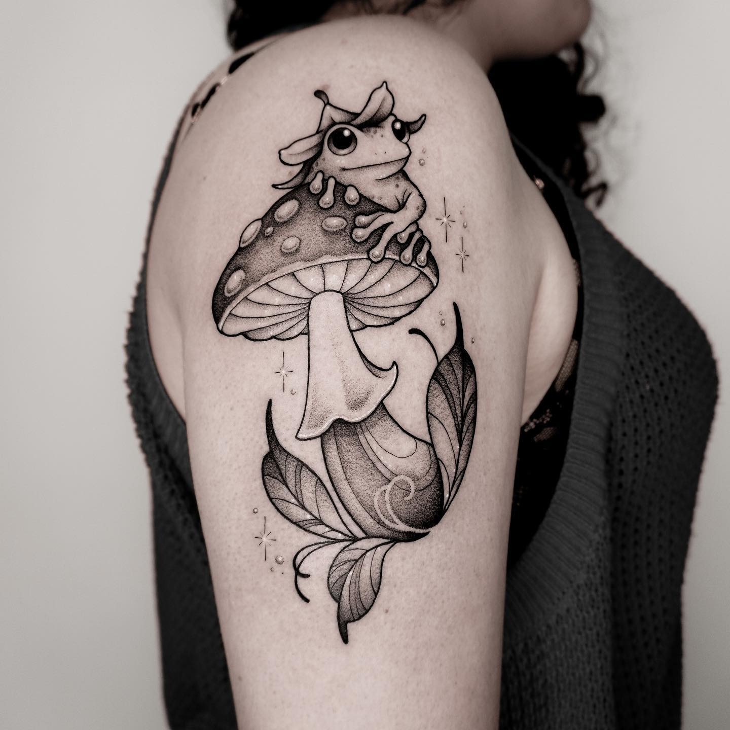 Frog Sitting on Mushroom Tattoo Tattoo Design