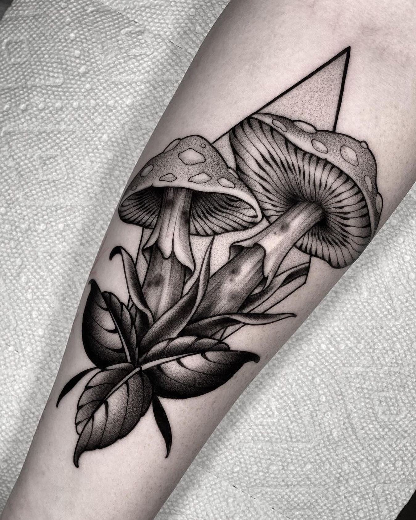Geometric Mushroom Tattoo with Bold Leaves Tattoo Design