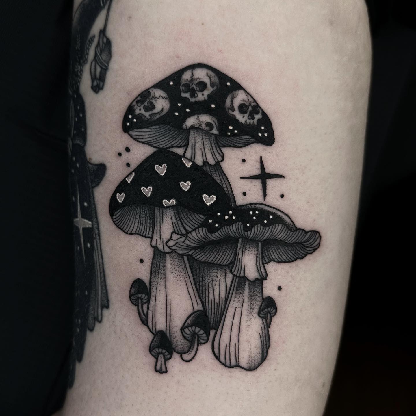 Gothic Mushroom Tattoo with Skulls and Hearts Tattoo Design