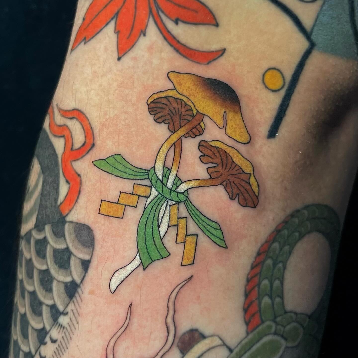 Japanese-Inspired Mushroom Tattoo with Decorative Knot Tattoo Design
