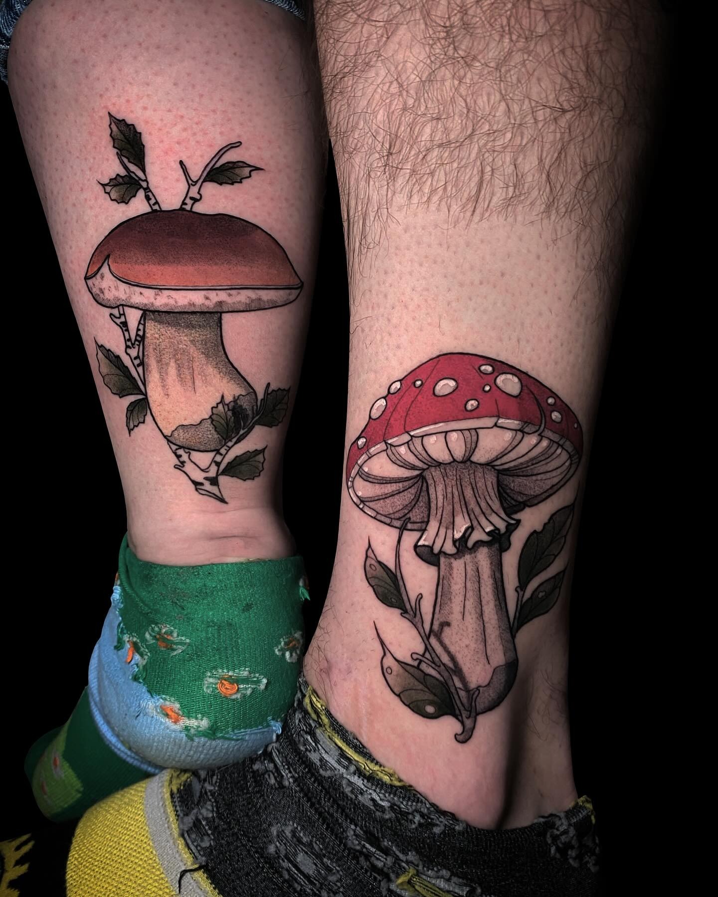Matching Mushroom Couple Tattoos with Natural Details Tattoo Design