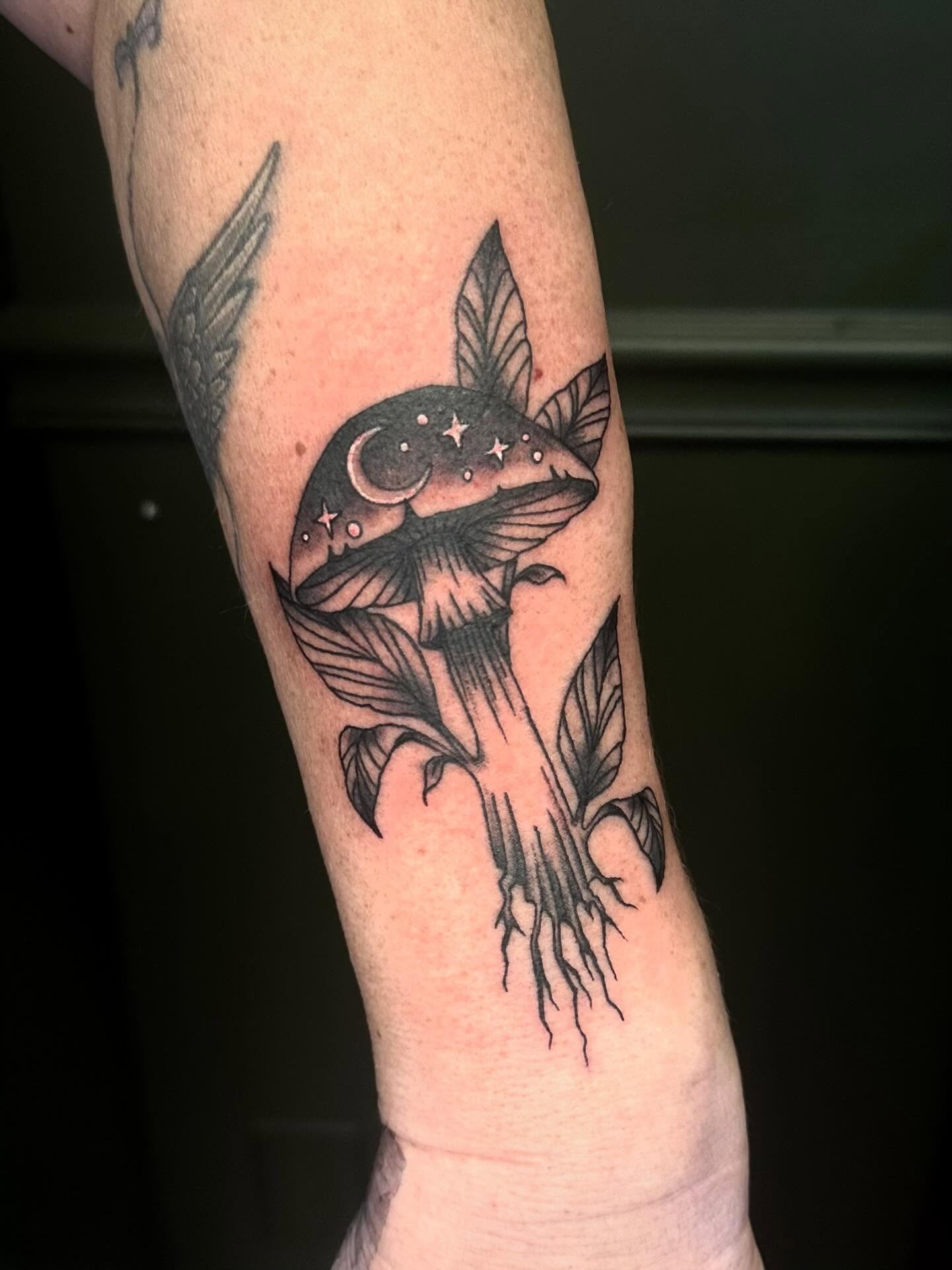 Moon and Stars Mushroom Tattoo with Leaf Details Tattoo Design