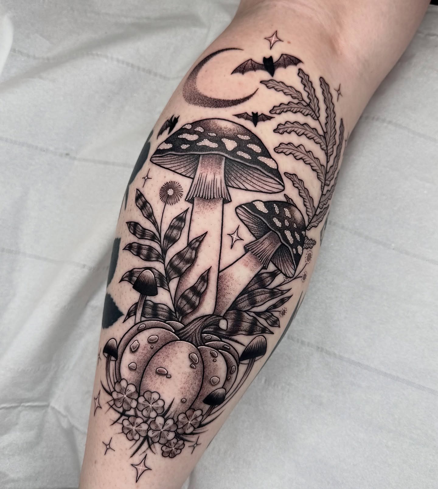 Moonlit Mushroom Tattoo with Bats and Wild Plants Tattoo Design
