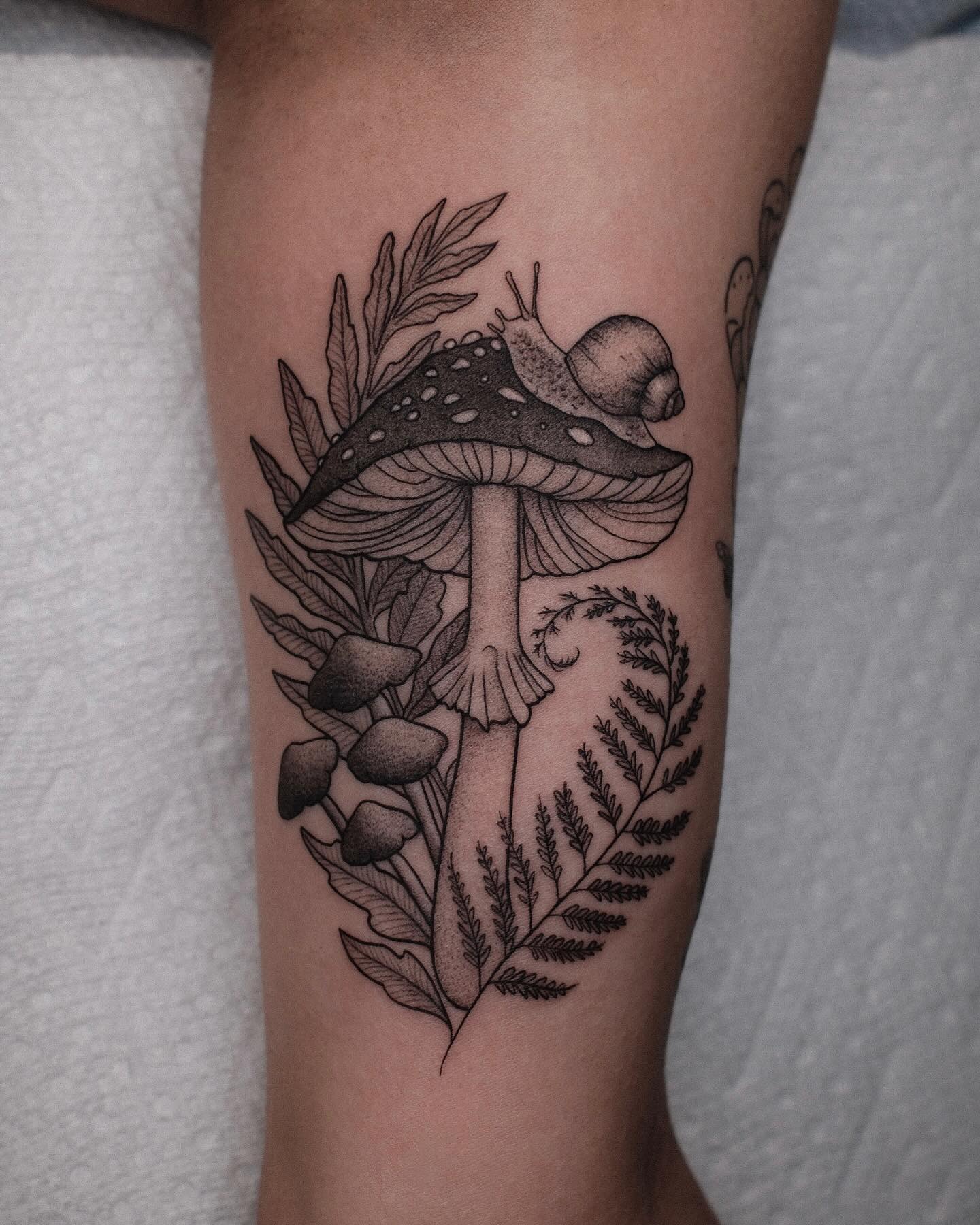 Mushroom and Snail Tattoo with Fern Leaves Tattoo Design