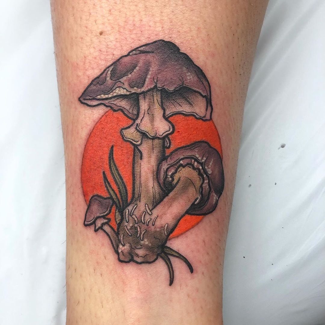 Mushroom Tattoo with Bold Orange Background Tattoo Design