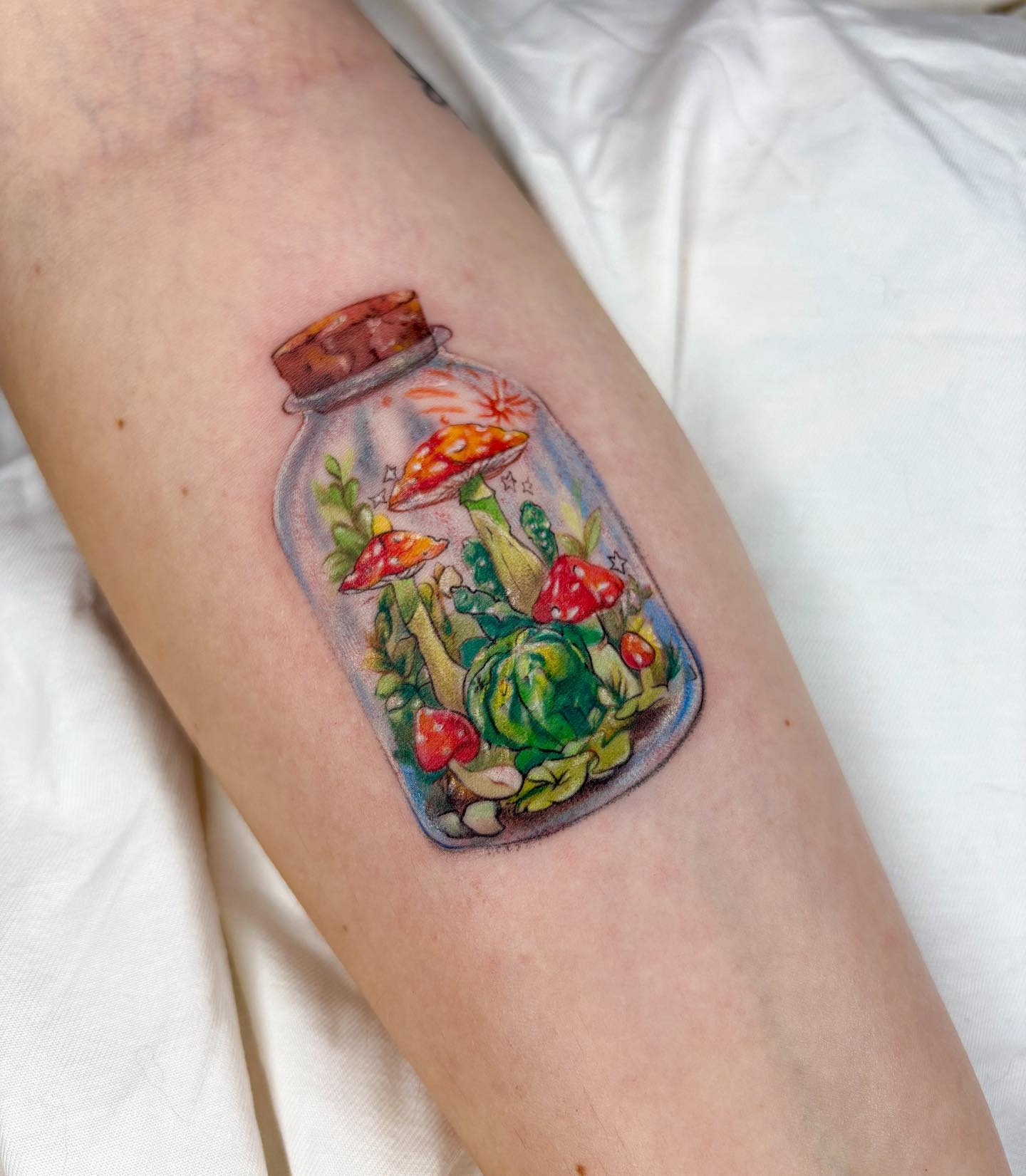 Mushroom Terrarium Tattoo with Bright Watercolor Details Tattoo Design