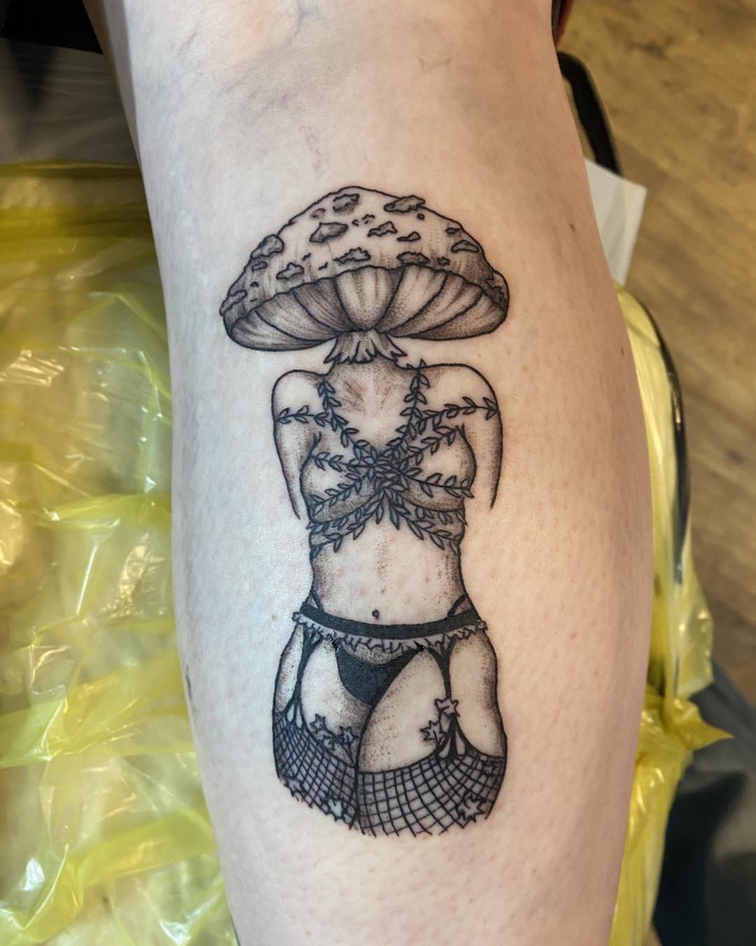 Mushroom Woman Tattoo with Lingerie and Vine Details Tattoo Design