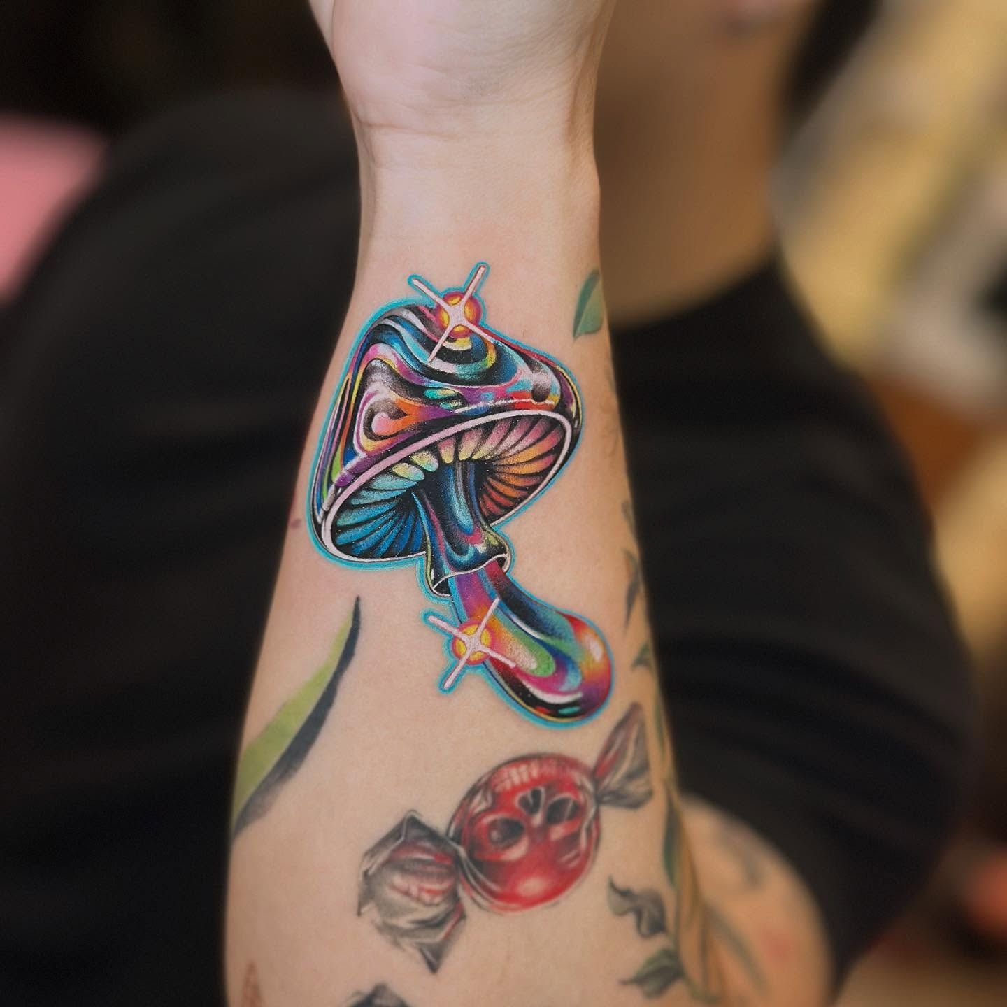 Psychedelic Mushroom Tattoo with Neon Colors Tattoo Design