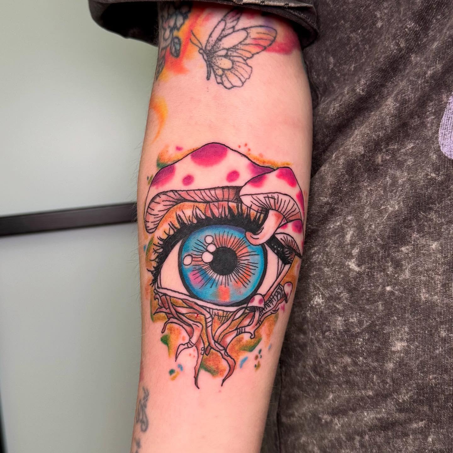 Surreal Mushroom Eye Tattoo with Vivid Colors Tattoo Design