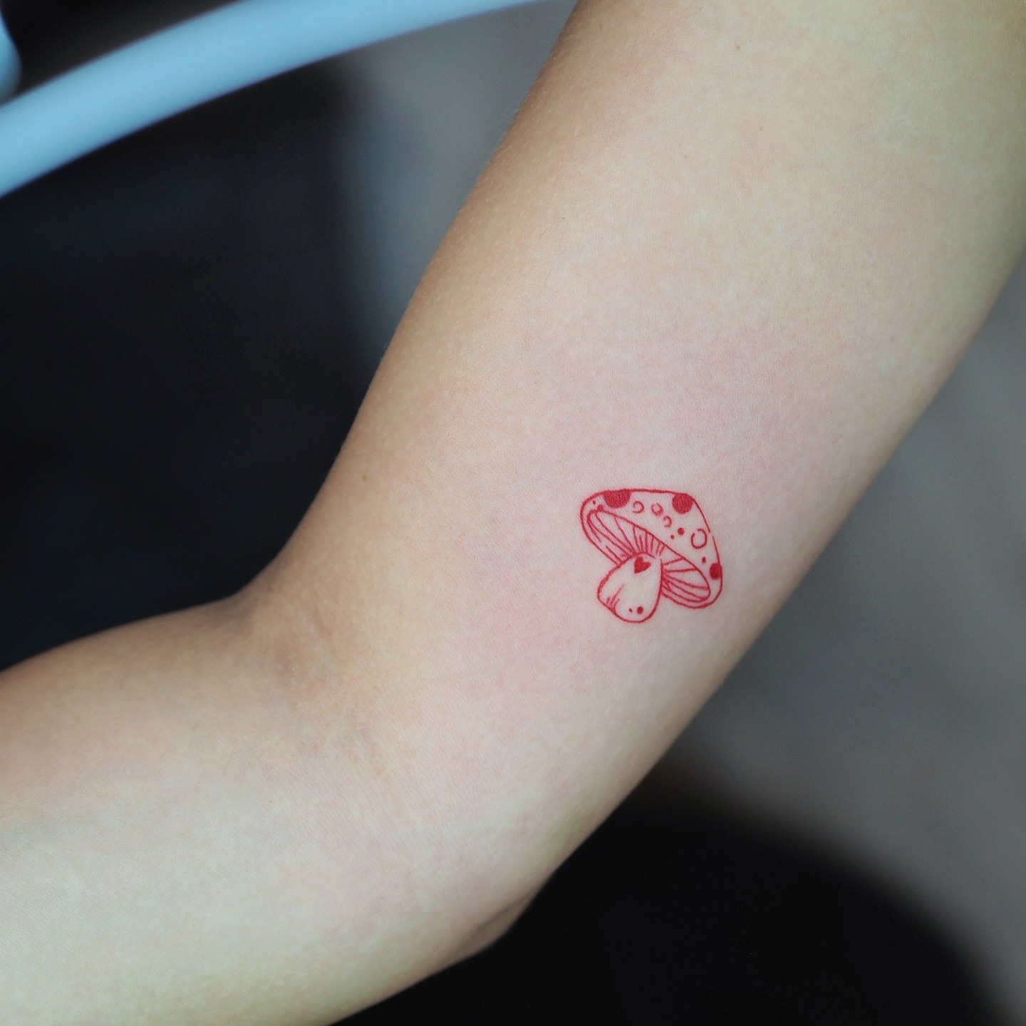 Tiny Red Mushroom Tattoo with Fine Line Detail Tattoo Design