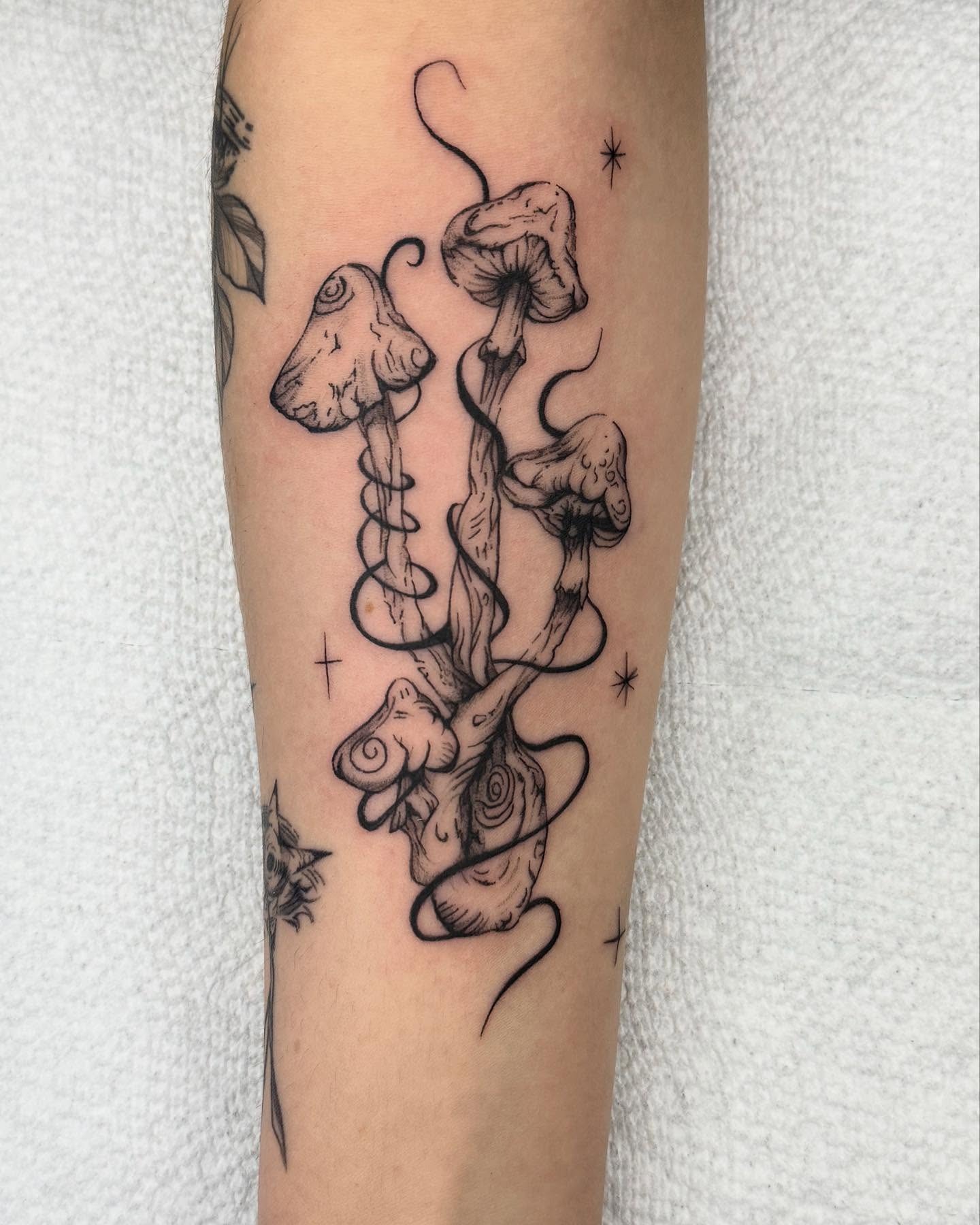 Twisting Mushroom Tattoo with Abstract Line Flow Tattoo Design