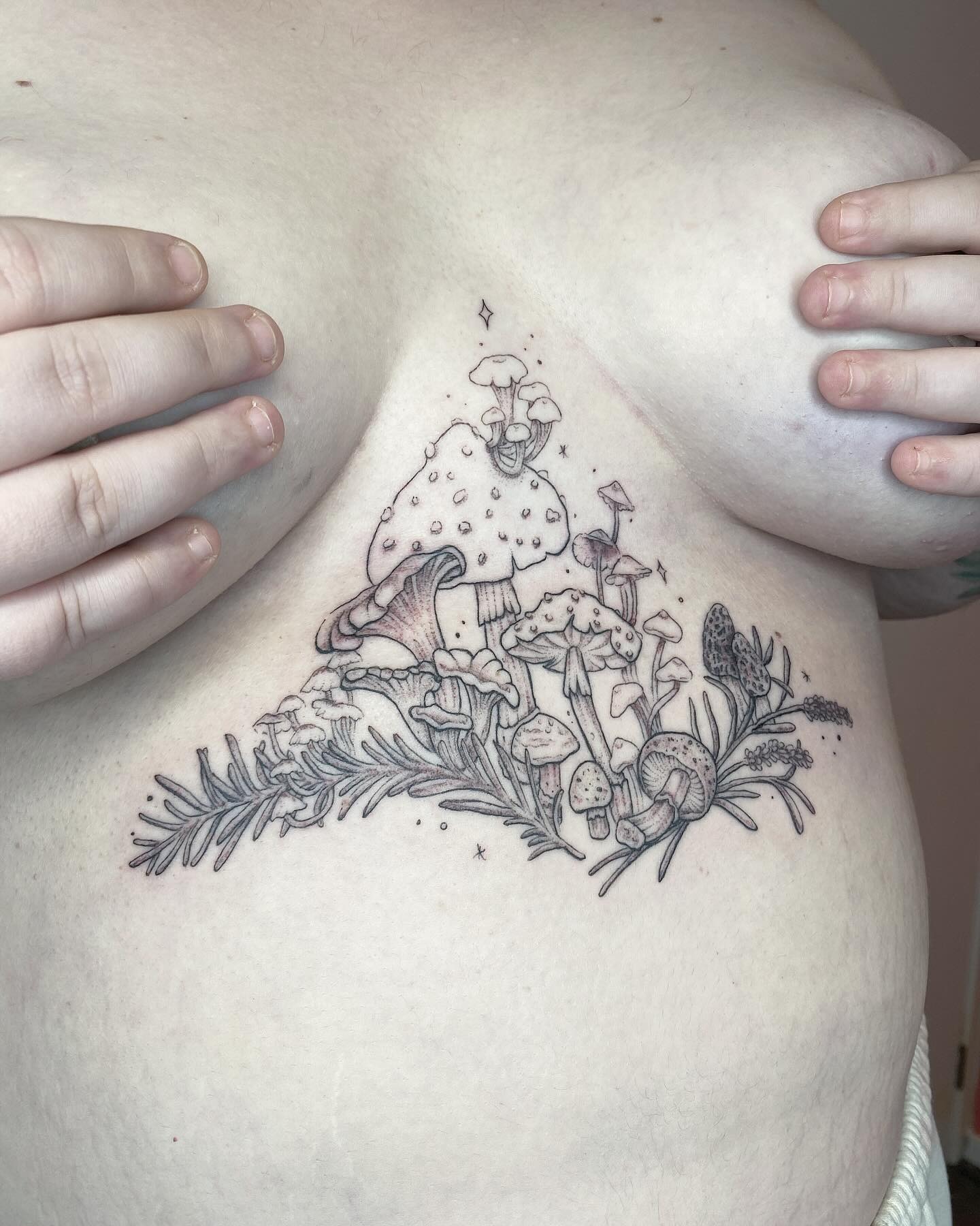 Underboob Mushroom Tattoo with Forest-Inspired Details Tattoo Design