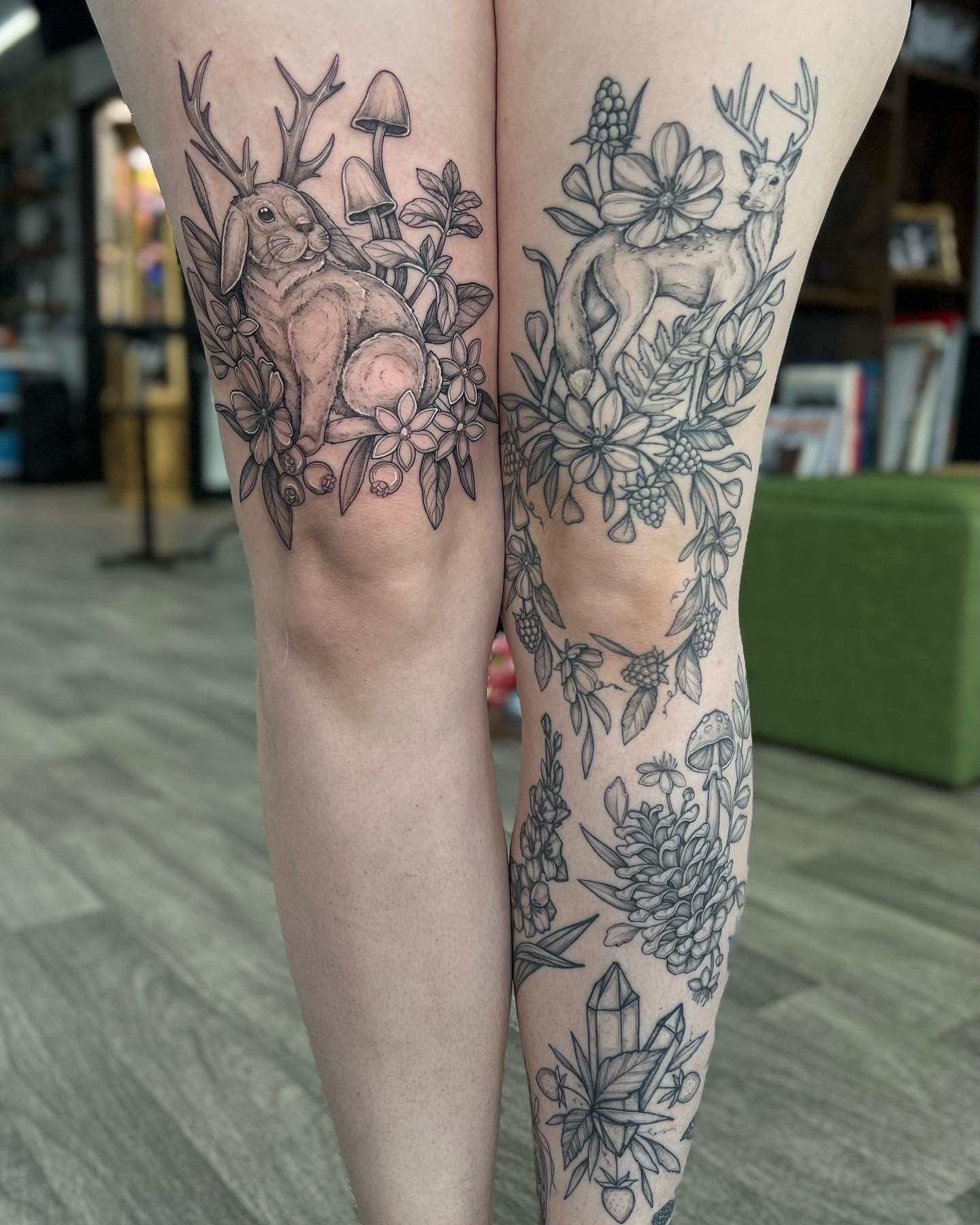Woodland Rabbit and Deer Tattoos with Mushrooms and Flowers Tattoo Design