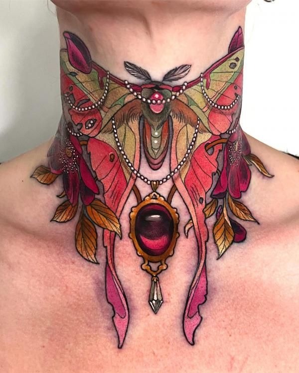 Colorful Moth Statement Neck Tattoo Tattoo Design