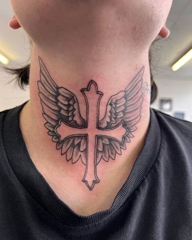 Cross With Wings Front Neck Tattoo Tattoo Design