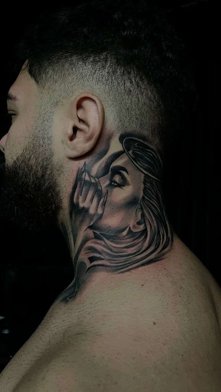 Realistic Portrait Neck Tattoo Tattoo Design