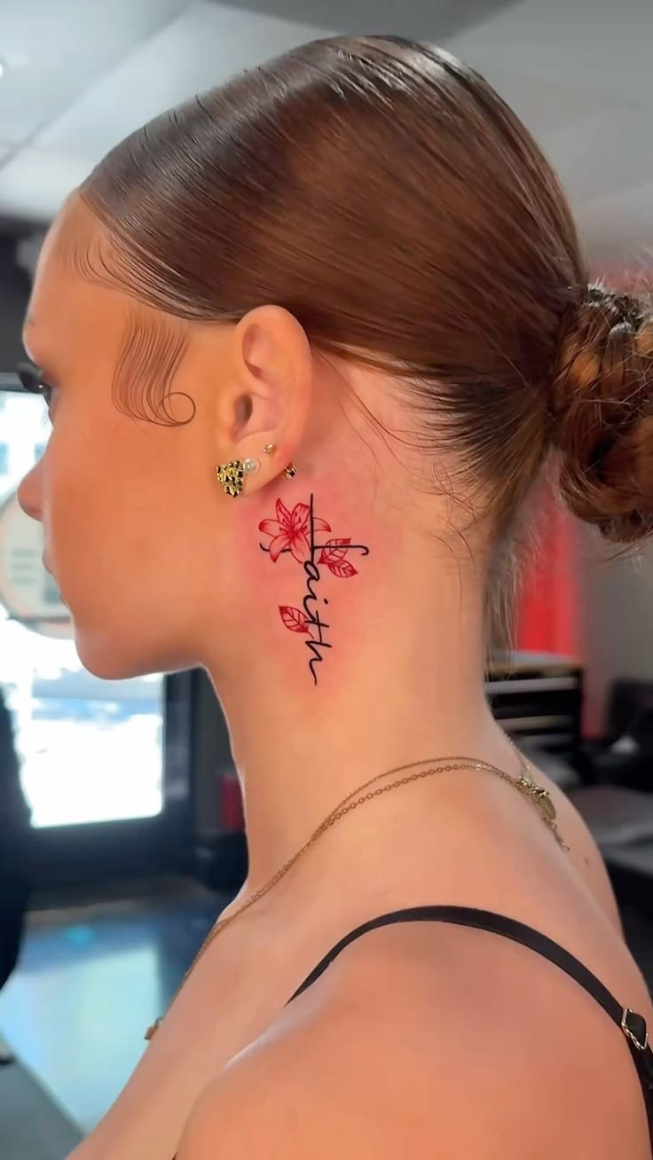 Red Faith Script Neck Tattoo Tattoo Design