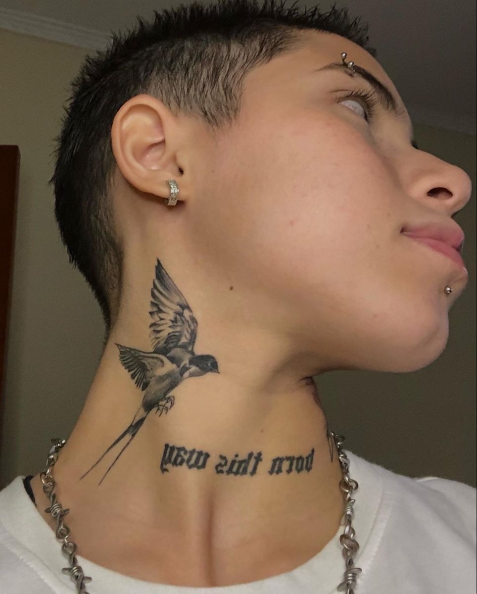 Swallow and Gothic Word Neck Tattoos Tattoo Design