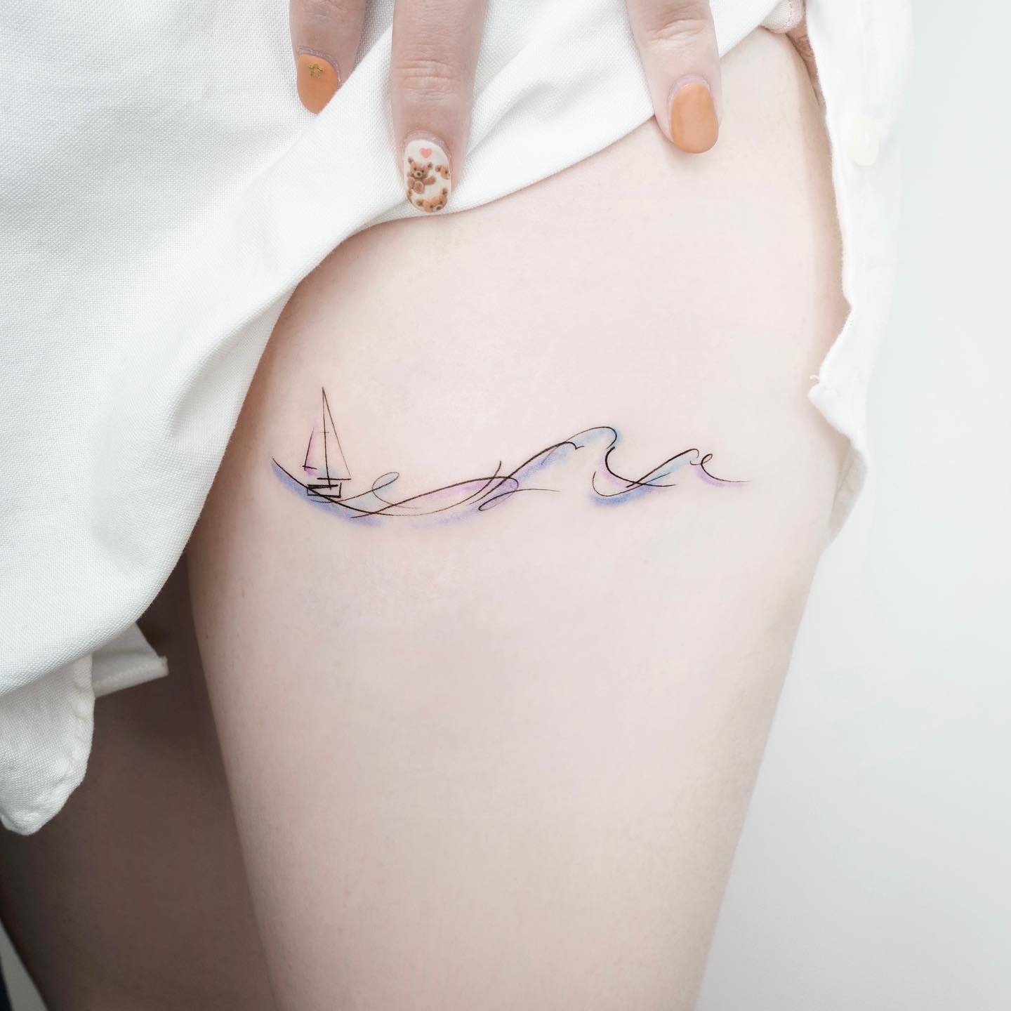 Sailboat and Waves Fine Line Tattoo Tattoo Design