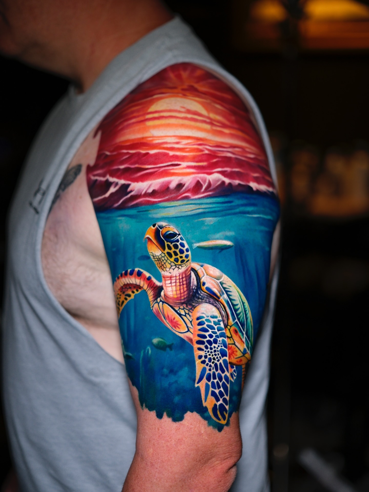 Sea Turtle and Sunset Ocean Tattoo Tattoo Design