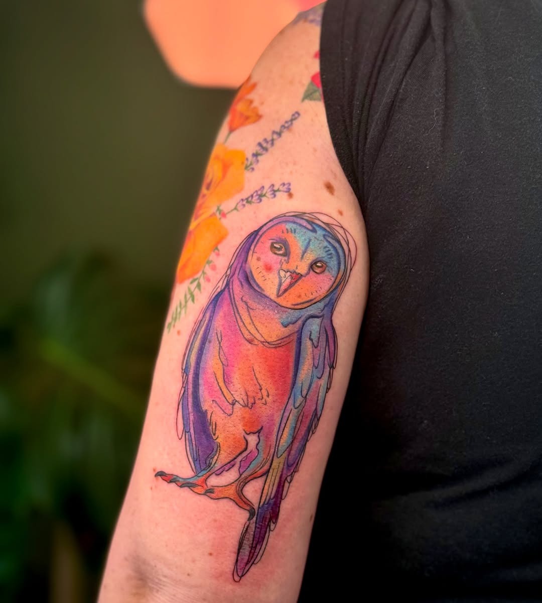 A vibrant and artistic owl tattoo design Tattoo Design