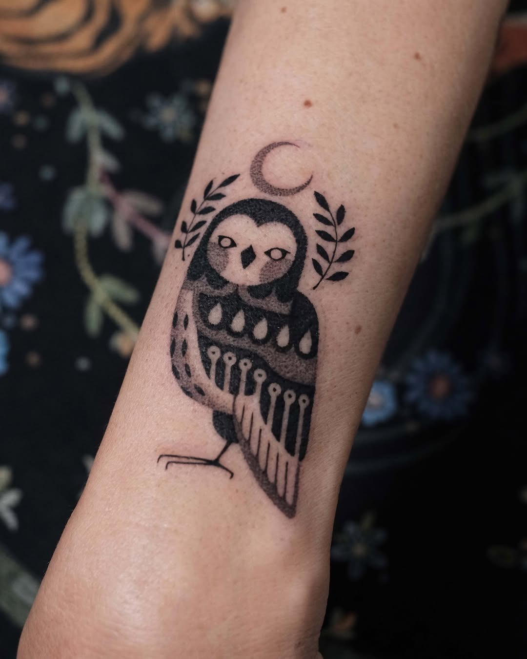 Artistic owl tattoo with crescent moon detail Tattoo Design
