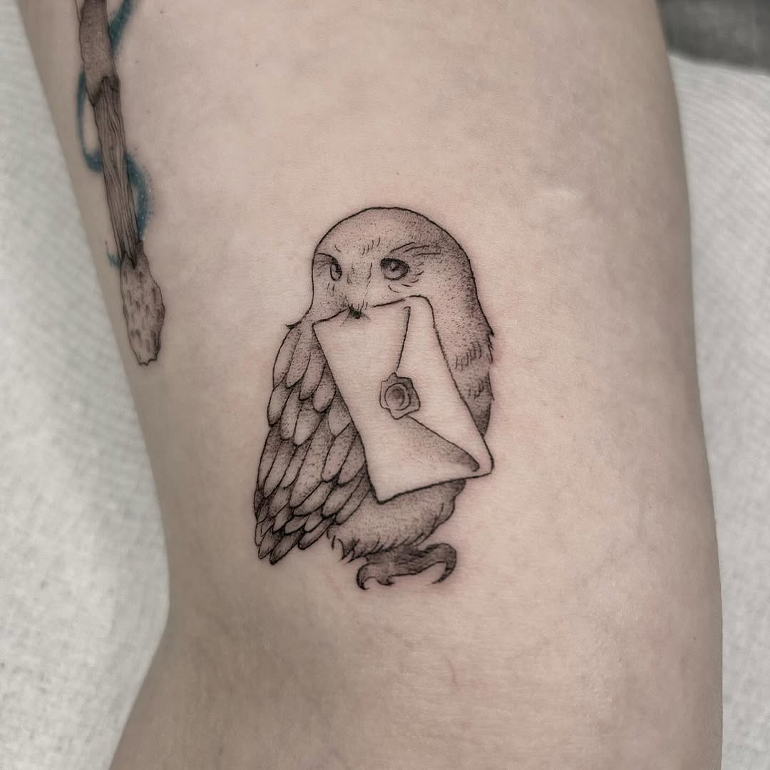 Charming owl tattoo holding a letter Tattoo Design