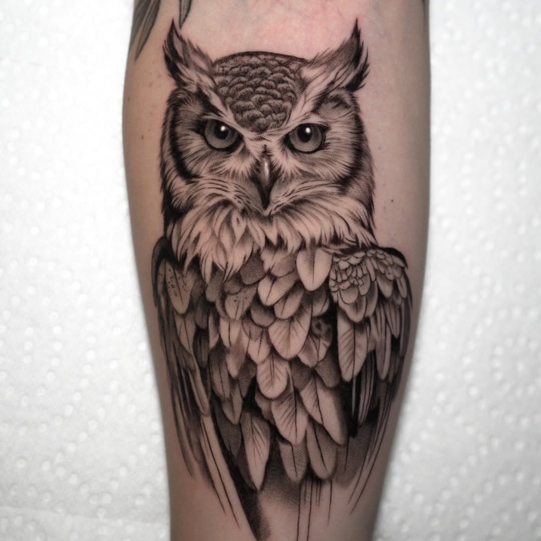 Elegant black and grey owl tattoo design Tattoo Design