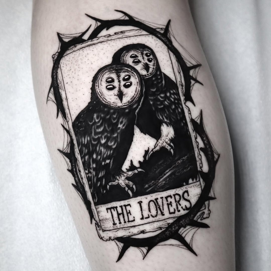 Elegant owl tattoo representing love and partnership Tattoo Design