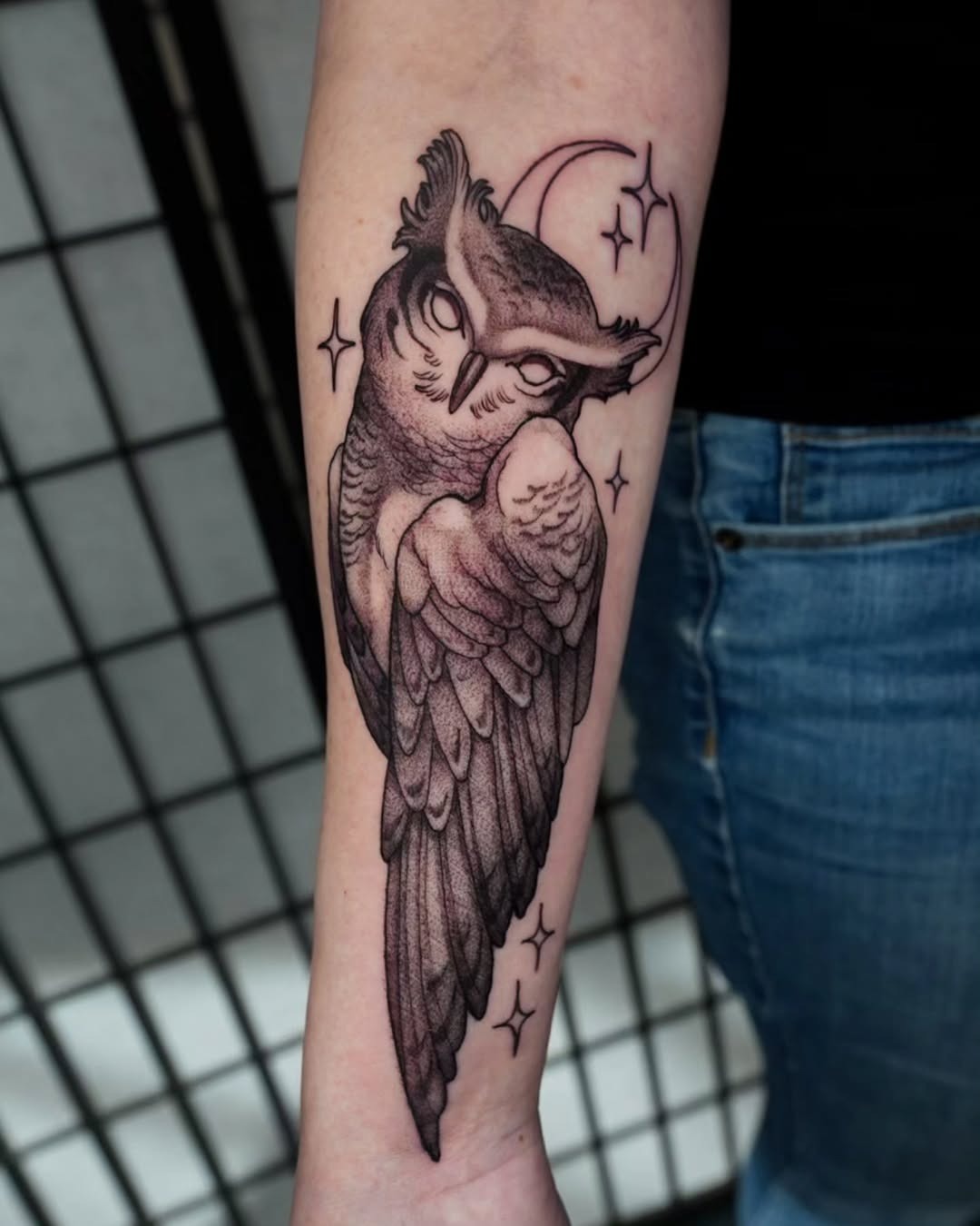 Elegant Owl Tattoo with Celestial Accents Tattoo Design