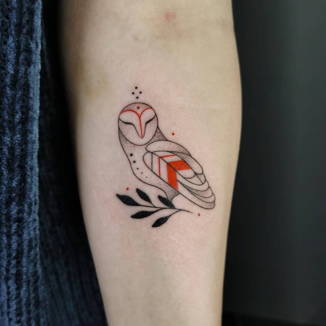 Geometric Owl Tattoo with Red Accents Tattoo Design