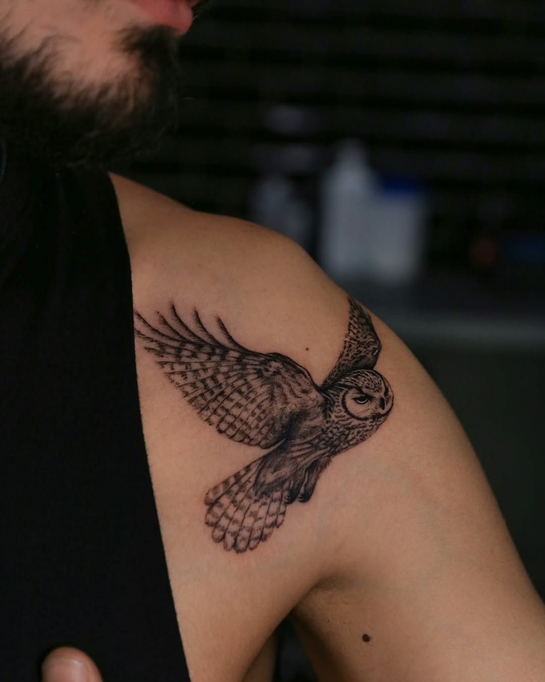 Intricate owl tattoo on shoulder display Tattoo Design