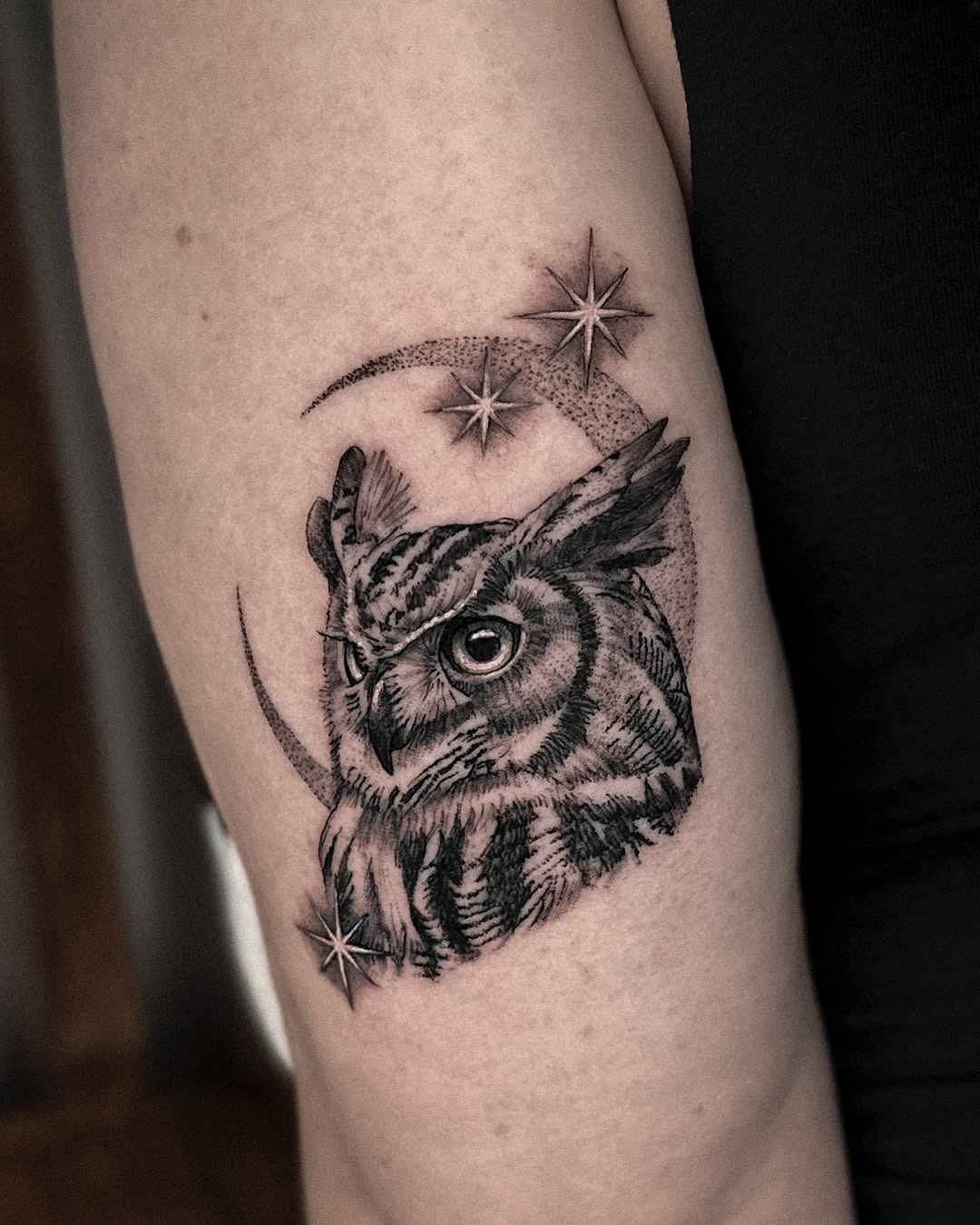 Mystical owl tattoo with celestial elements Tattoo Design