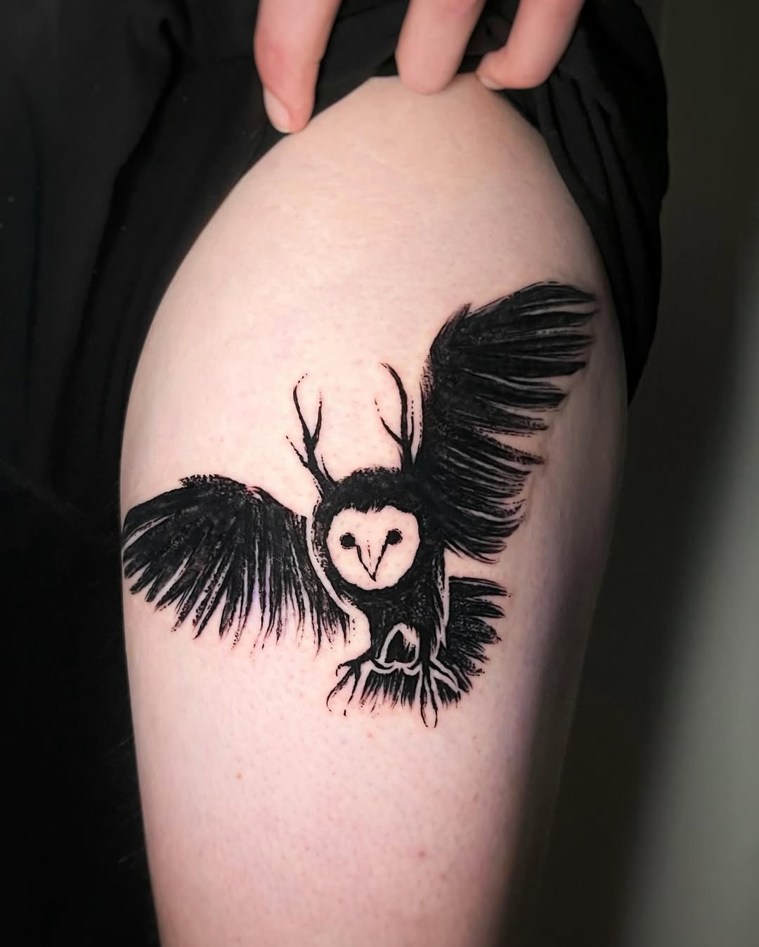Stunning black ink owl tattoo in flight Tattoo Design