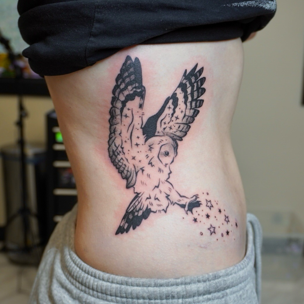Stylish Owl Tattoo with Astral Elements Tattoo Design