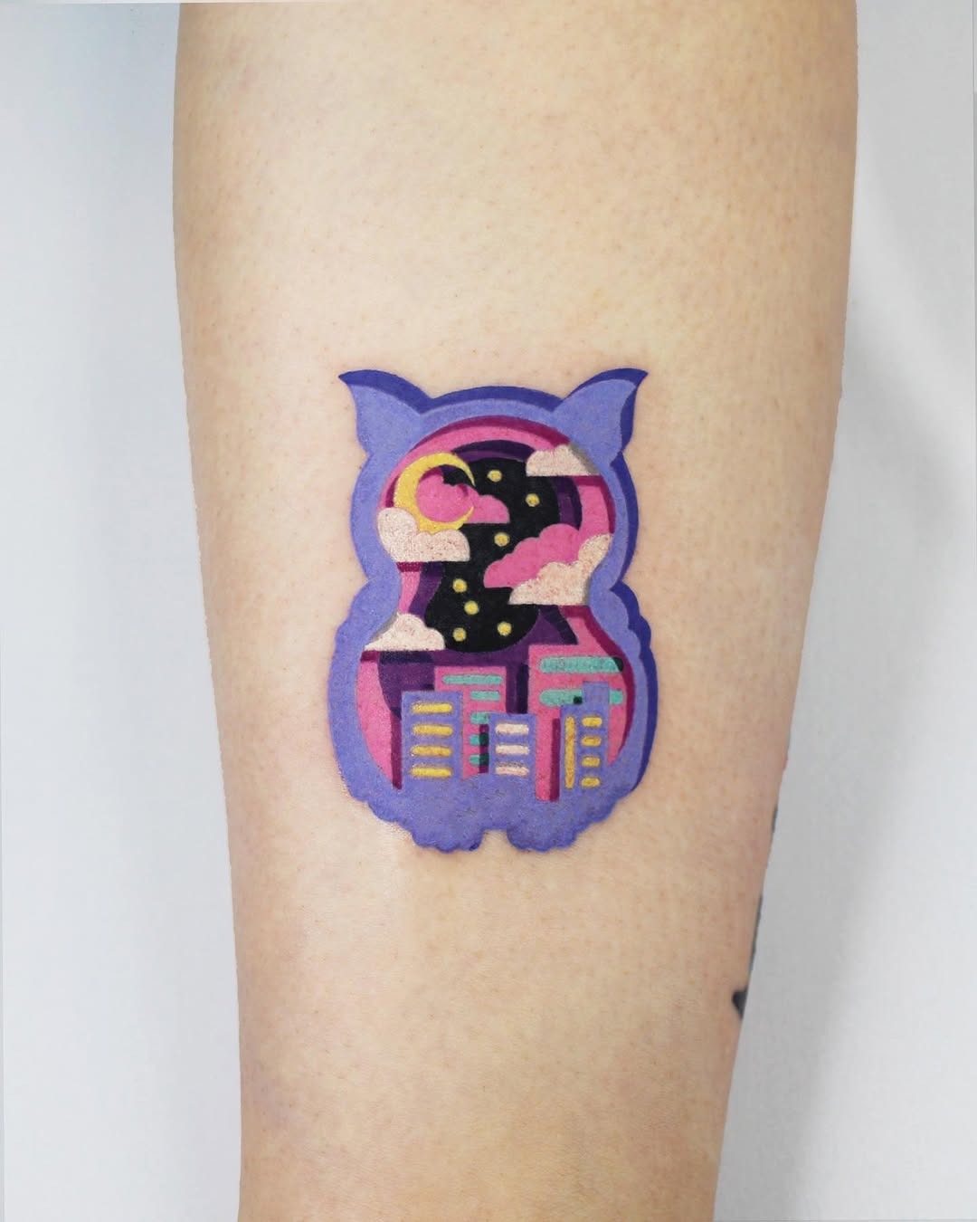 Unique owl tattoo with cityscape and night sky Tattoo Design